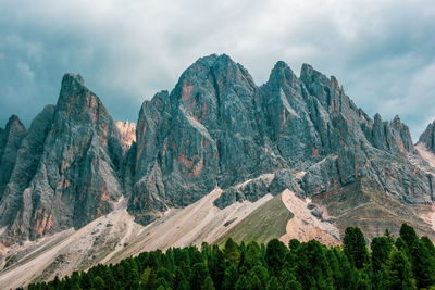 Panoramic view of the odle mountain peaks, italy.