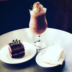 Close-up of dessert served on table