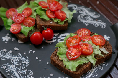 High angle view of breakfast served on table