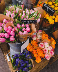 High angle view of various flowers for sale in market
