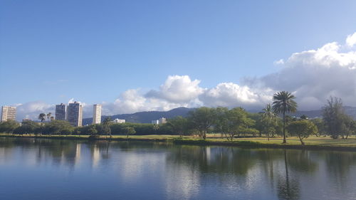 Scenic view of lake by trees against sky