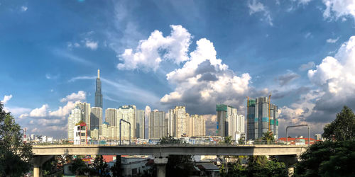 Panoramic view of buildings in city against cloudy sky