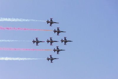 Low angle view of airshow against clear sky