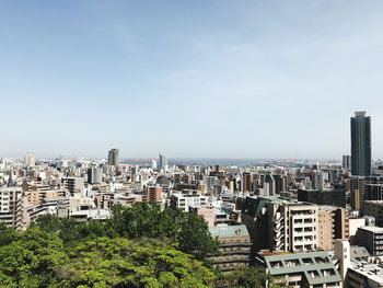 High angle view of buildings against sky