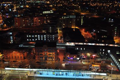 High angle view of illuminated cityscape at night