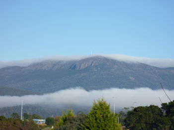 Scenic view of mountains against blue sky