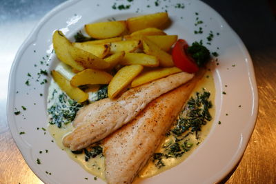 High angle view of food served in plate