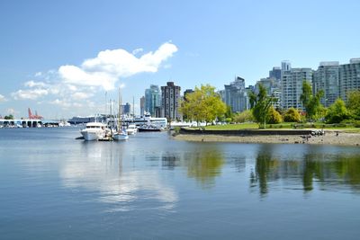 Sailboats in sea by buildings against sky