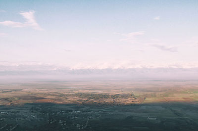 High angle view of field against sky