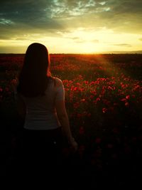 Rear view of woman standing on field against sky during sunset