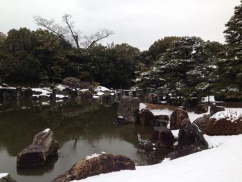 Reflection of trees in water against sky