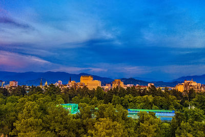 Trees and buildings against blue sky