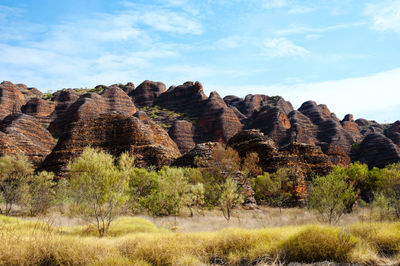 Scenic view of rock formations on landscape against sky
