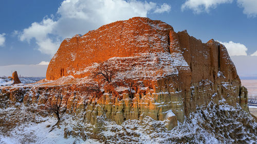 Low angle view of rock formations against sky