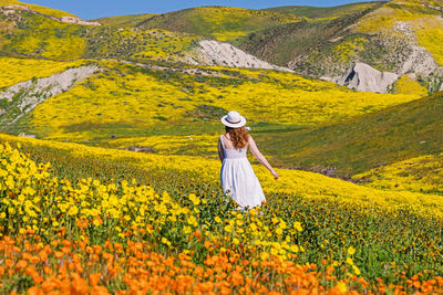 Scenic view of oilseed rape field against mountain