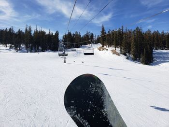 Snow covered land and trees against sky