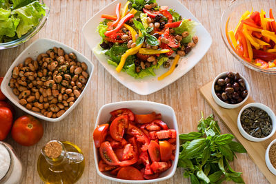 High angle view of vegetables in bowl on table