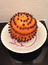 High angle view of cake in plate on table