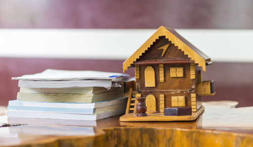 Close-up of old books on table