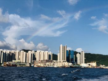 Scenic view of sea by buildings against sky