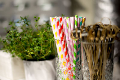 Close-up of multi colored candies on table