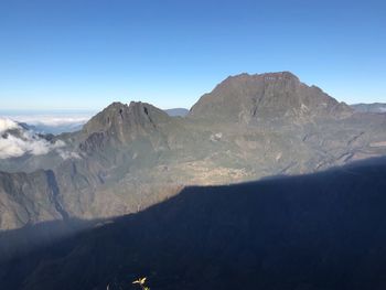 Scenic view of mountains against clear blue sky