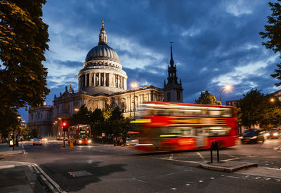 View of illuminated building against sky in city