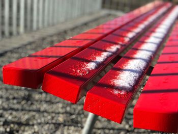 High angle view of red metal fence