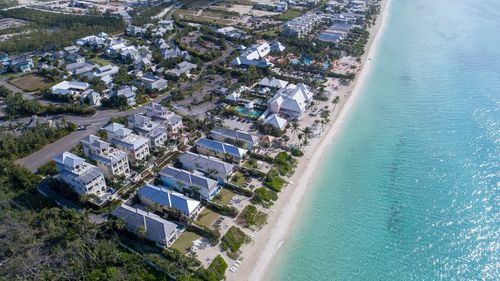 High angle view of buildings by sea