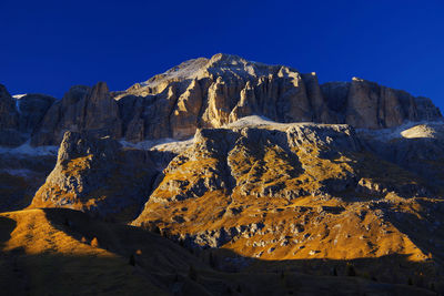 Scenic view of rock formation against clear blue sky