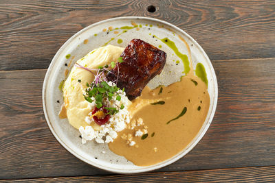 High angle view of meal served on table