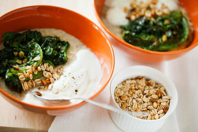 High angle view of breakfast served on table