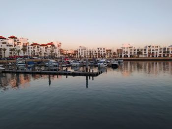 Reflection of buildings in river against clear sky