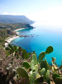 High angle view of sea against blue sky