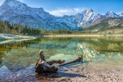 Scenic view of lake by snowcapped mountains against sky