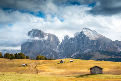 Scenic view of field and mountains against sky