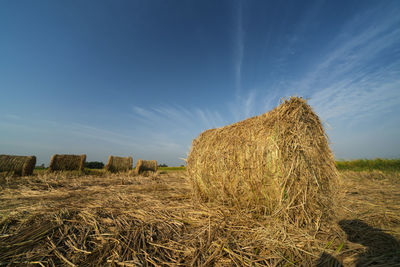 Hay bales on field against sky