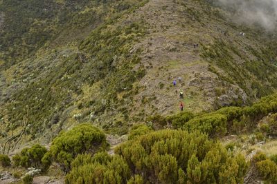 High angle view of hikers against mountain