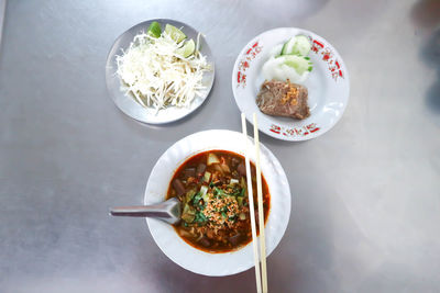 High angle view of breakfast served on table