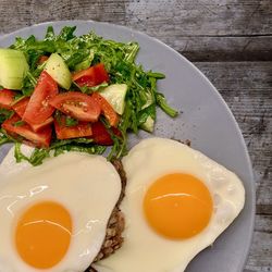 High angle view of breakfast served on table