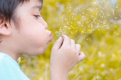 Close-up of boy holding dandelion