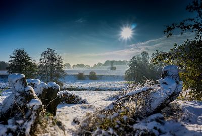 Scenic view of snow covered land against sky