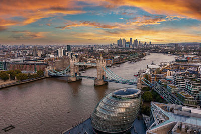 Aerial panoramic cityscape view of the london tower bridge