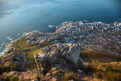 High angle view of sea and rocks