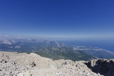 Scenic view of snowcapped mountains against clear blue sky