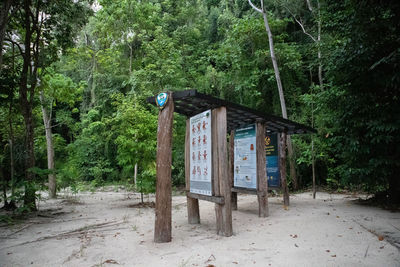 Old wooden structure amidst trees in forest