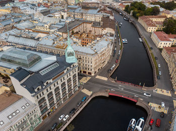 Aerial photo of red bridge over moyka river in saint petersburg, russia. au pont rouge store. 