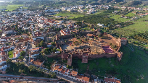 High angle view of buildings in city