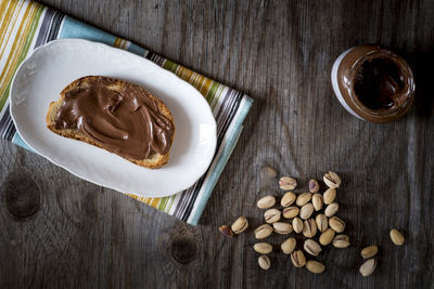 High angle view of bread with chocolate spread