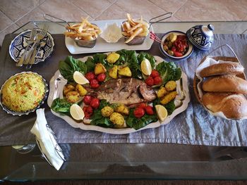 High angle view of meal served on table